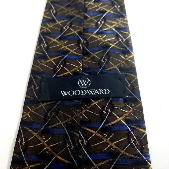 Woodward Green Tan Blue‎ Abstract Geometric Print Wide Silk Tie - Picture 3 of 6